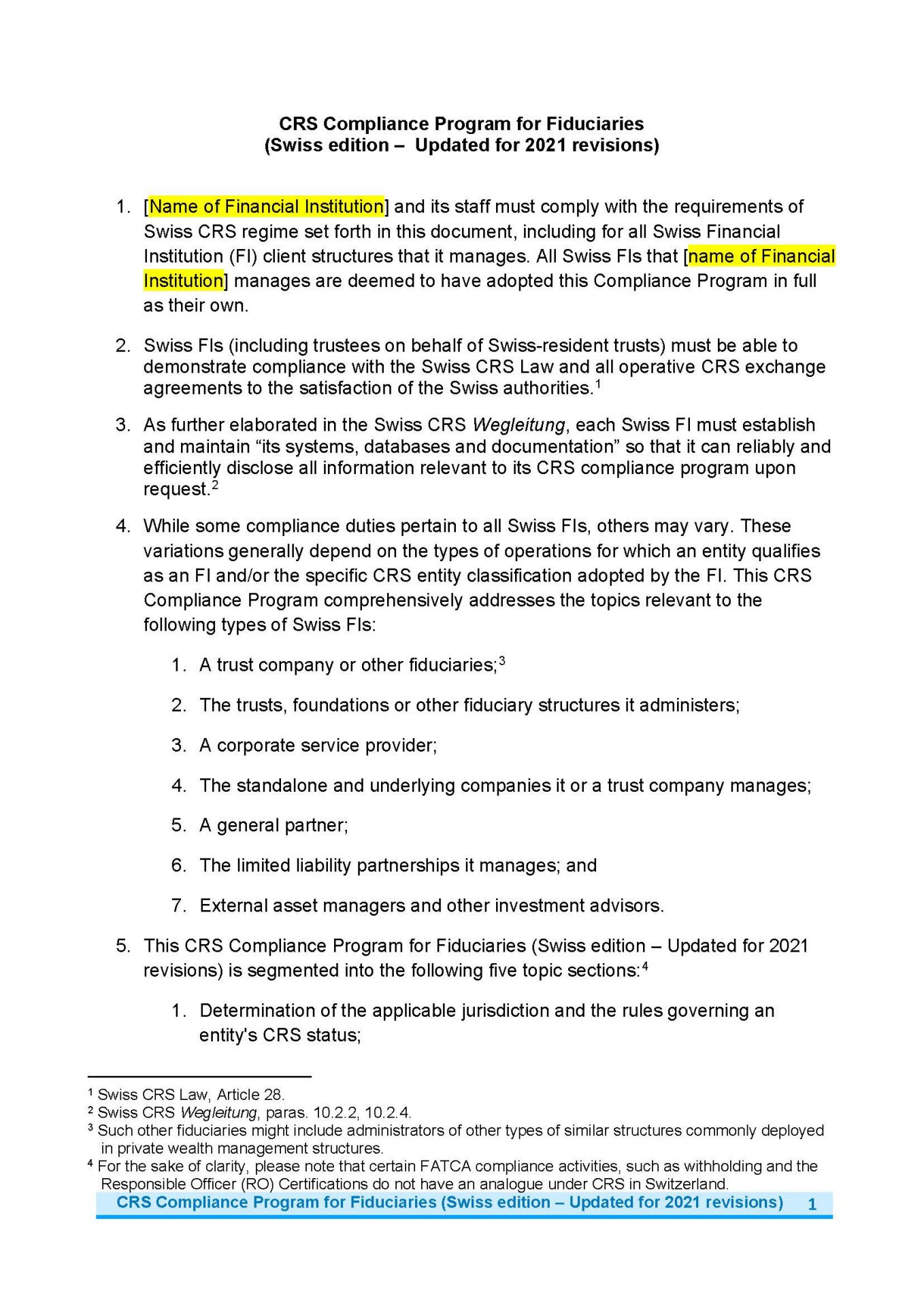 A CRS Compliance Program for Fiduciaries (Swiss Edition)